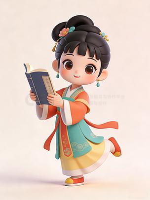 卡通风古代少女女童女孩读书插画素材